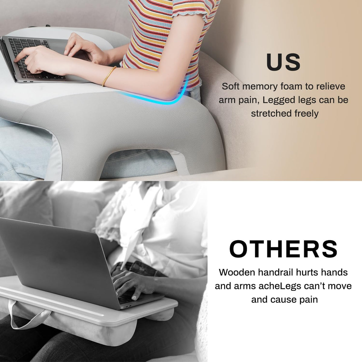 Reading Pillow for Bed, Lap Desk for Laptop, Memory Foam Arm Rest Support Gaming Pillow with Cup/Phone Pocket, Laptop Lap Desk for Working, Gaming, Reading on Couch Bed Floor- Grey