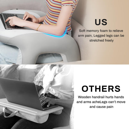Reading Pillow for Bed, Lap Desk for Laptop, Memory Foam Arm Rest Support Gaming Pillow with Cup/Phone Pocket, Laptop Lap Desk for Working, Gaming, Reading on Couch Bed Floor- Grey