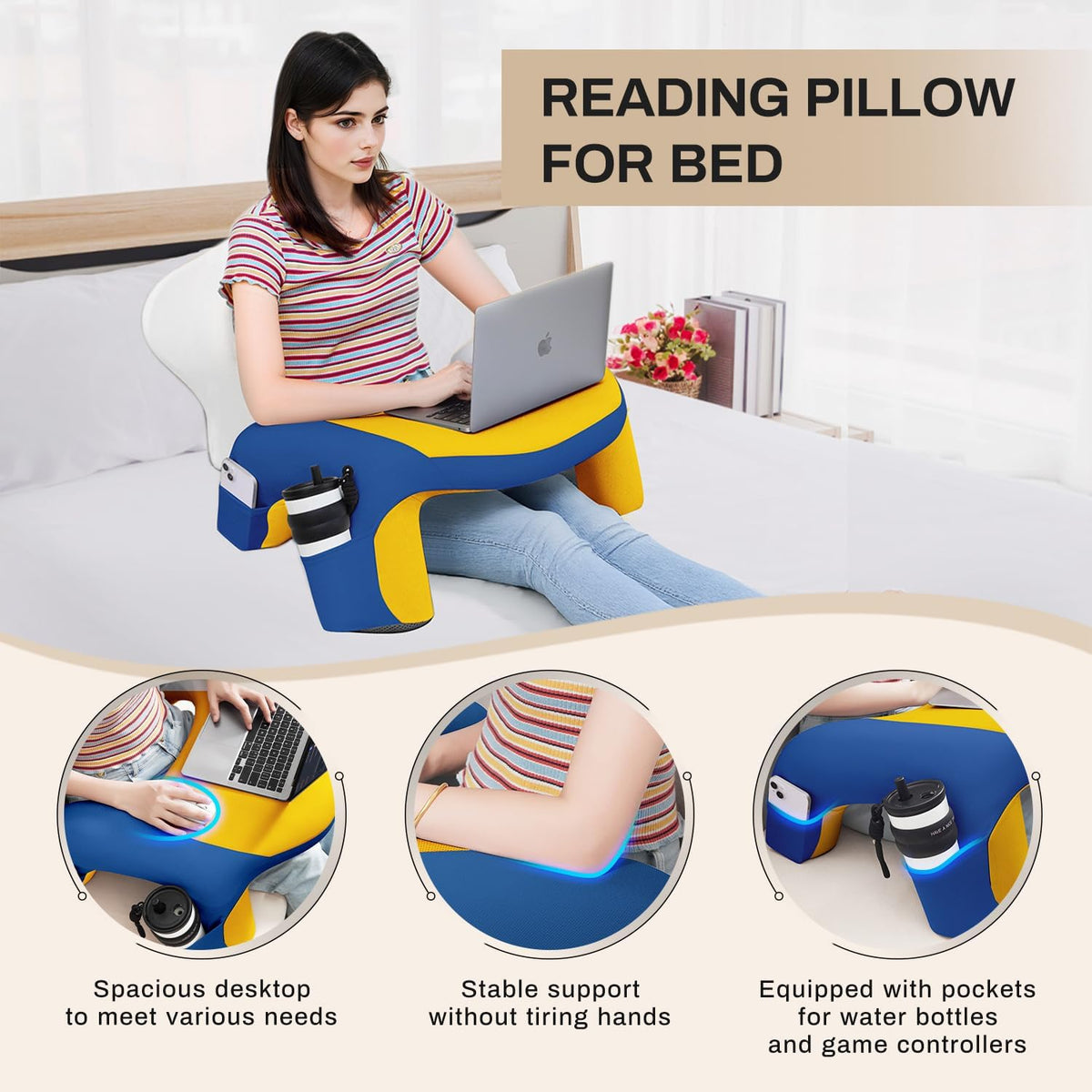 Reading Pillow for Bed, Lap Desk for Laptop, Memory Foam Arm Rest Support Gaming Pillow with Cup/Phone Pocket, Laptop Lap Desk for Working, Gaming, Reading on Couch Bed Floor- Grey