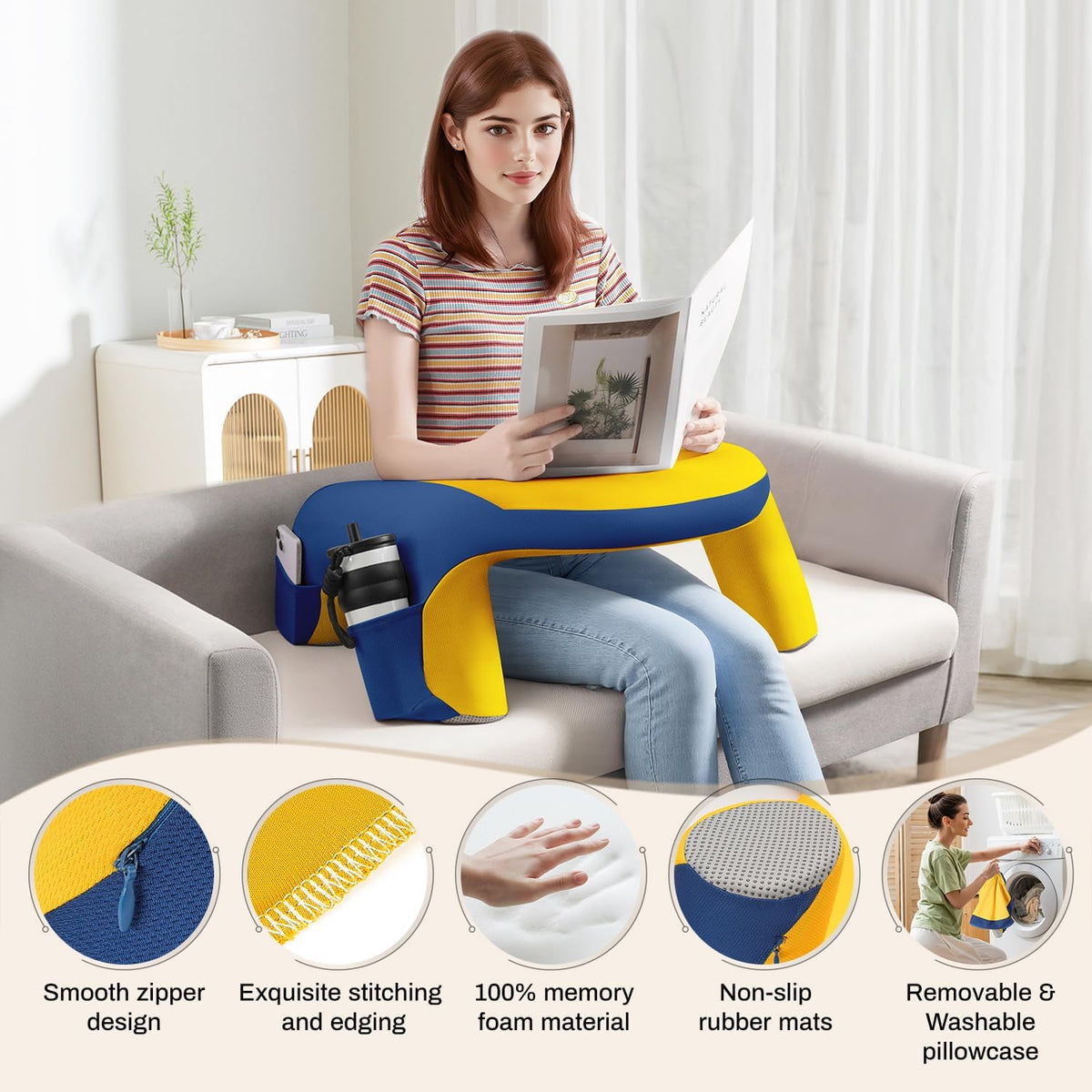 Reading Pillow for Bed, Lap Desk for Laptop, Memory Foam Arm Rest Support Gaming Pillow with Cup/Phone Pocket, Laptop Lap Desk for Working, Gaming, Reading on Couch Bed Floor- Grey
