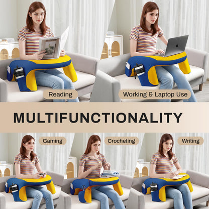 Reading Pillow for Bed, Lap Desk for Laptop, Memory Foam Arm Rest Support Gaming Pillow with Cup/Phone Pocket, Laptop Lap Desk for Working, Gaming, Reading on Couch Bed Floor- Grey