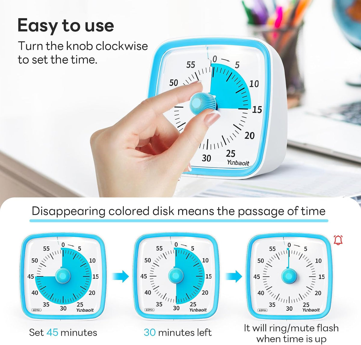 Visual Timer with Night Light, 60 Minute Countdown, Light Blue