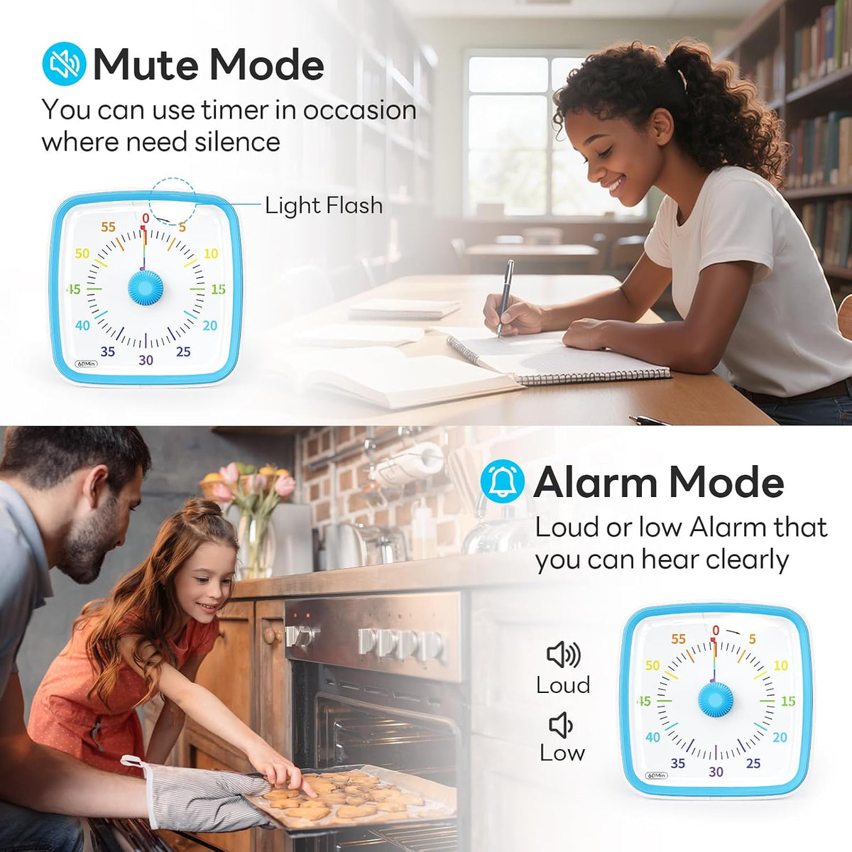 Visual Timer with Night Light, 60 Minute Countdown, Light Blue