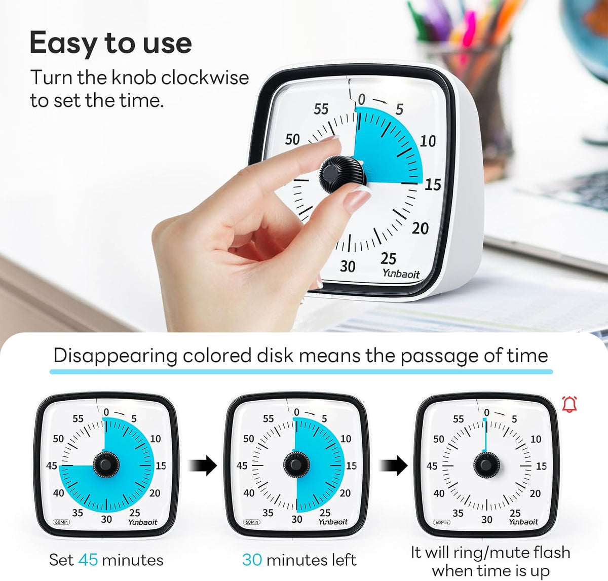Visual Timer with Night Light, 60 Minute Countdown, Light Blue