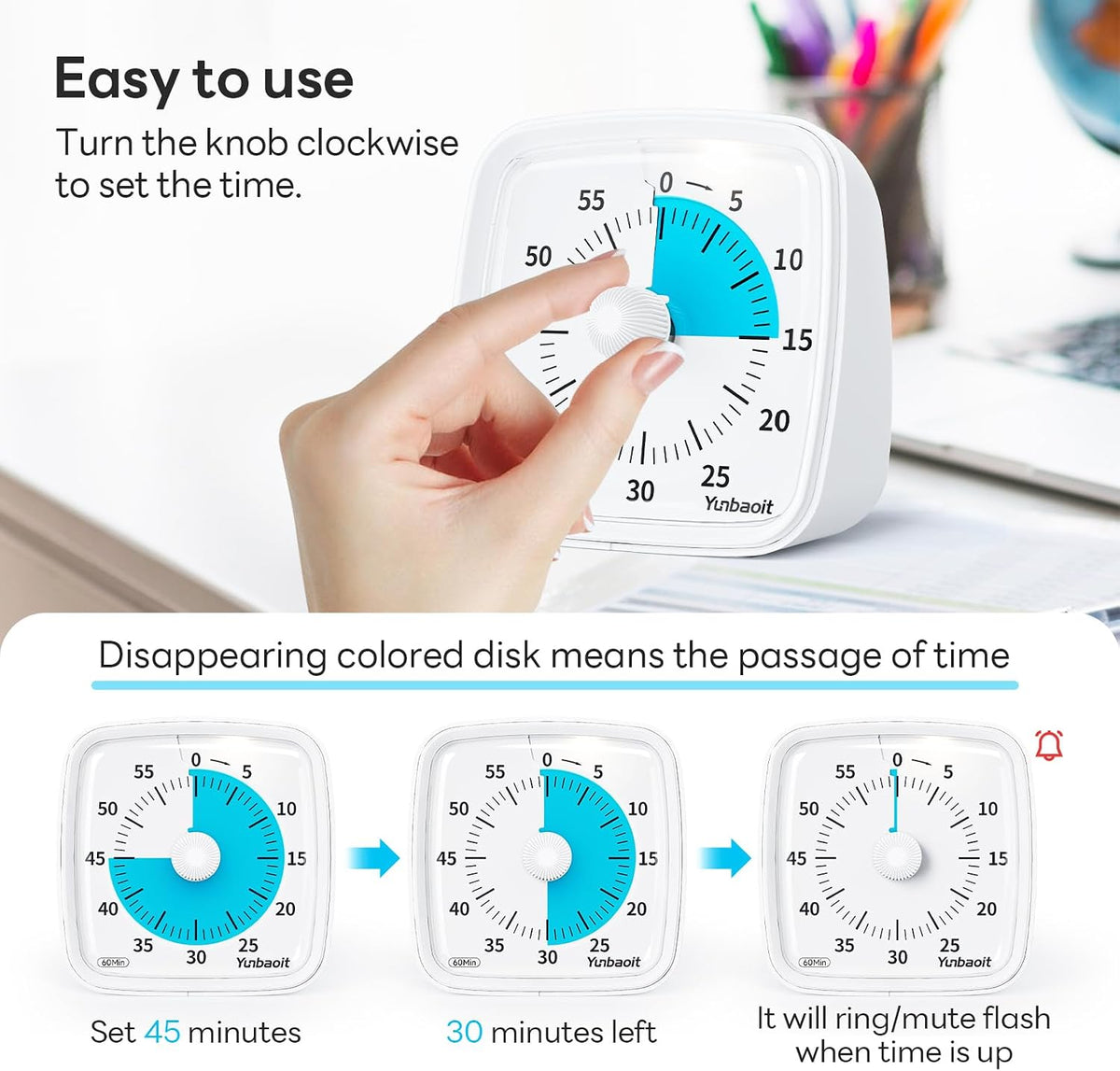 Visual Timer with Night Light, 60 Minute Countdown, Light Blue