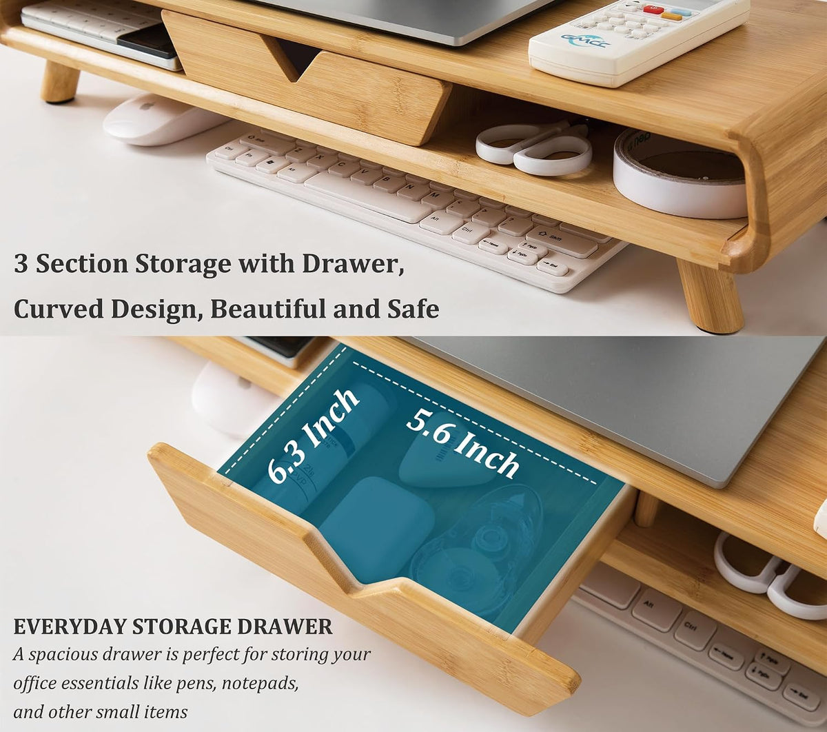 Bamboo Monitor Stand Riser, No Assembly Required Exquisite Monitor Stand with Drawer Ergonomic Height Wood Monitor Stand