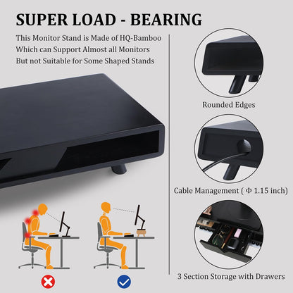 Bamboo Monitor Stand Riser, No Assembly Required Exquisite Monitor Stand with Drawer Ergonomic Height Wood Monitor Stand