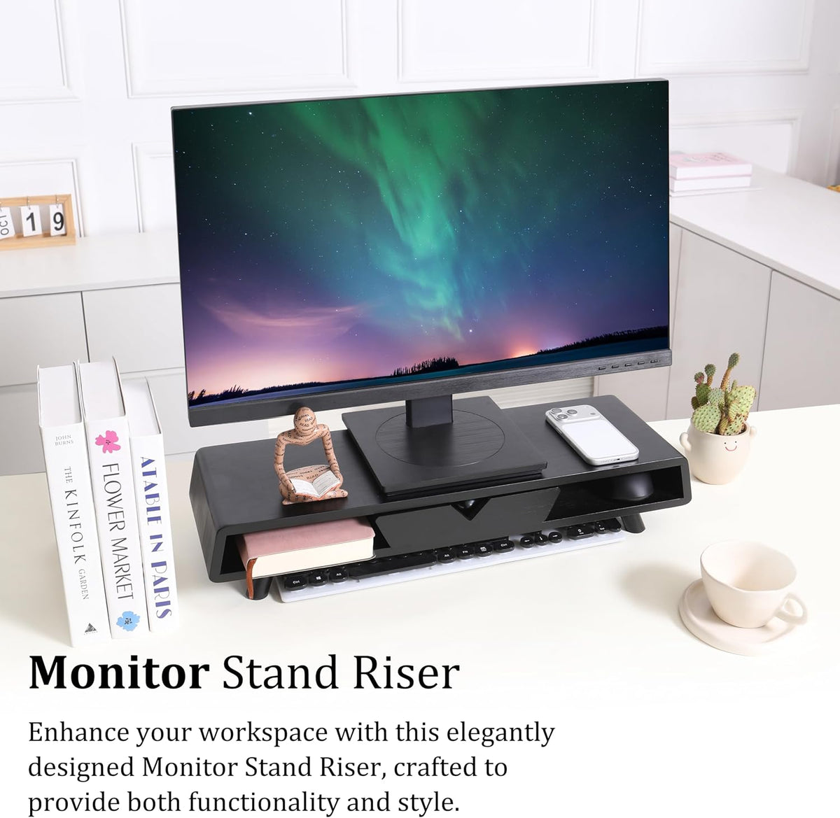 Bamboo Monitor Stand Riser, No Assembly Required Exquisite Monitor Stand with Drawer Ergonomic Height Wood Monitor Stand