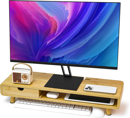 Bamboo Monitor Stand Riser, No Assembly Required Exquisite Monitor Stand with Drawer Ergonomic Height Wood Monitor Stand
