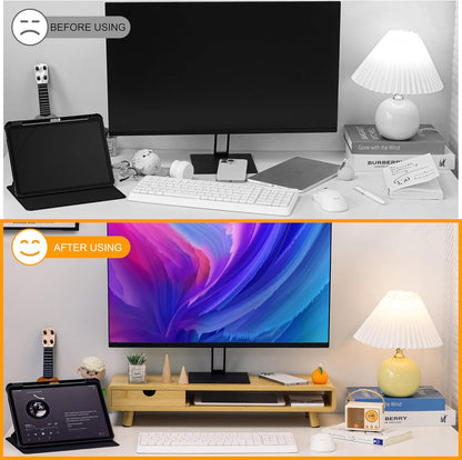 Bamboo Monitor Stand Riser, No Assembly Required Exquisite Monitor Stand with Drawer Ergonomic Height Wood Monitor Stand