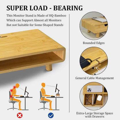 Bamboo Monitor Stand Riser, No Assembly Required Exquisite Monitor Stand with Drawer Ergonomic Height Wood Monitor Stand