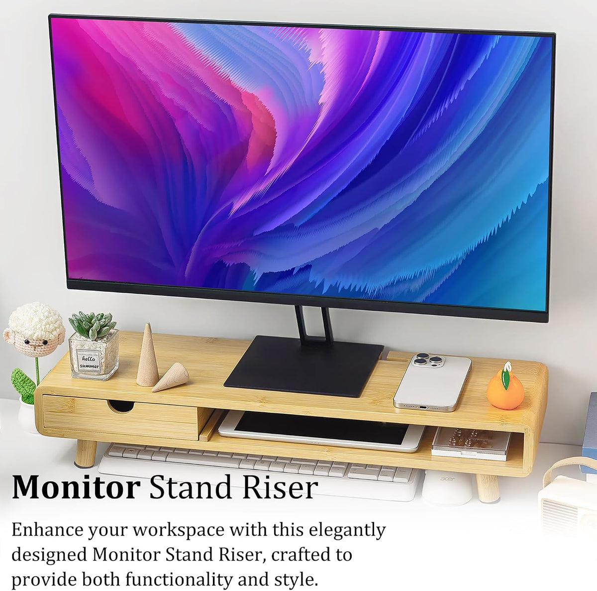 Bamboo Monitor Stand Riser, No Assembly Required Exquisite Monitor Stand with Drawer Ergonomic Height Wood Monitor Stand