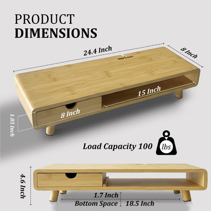 Bamboo Monitor Stand Riser, No Assembly Required Exquisite Monitor Stand with Drawer Ergonomic Height Wood Monitor Stand