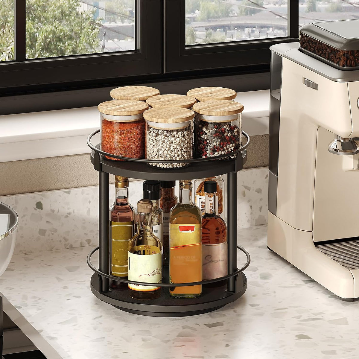 3-Tier Lazy Susan Organizer, Rotating Spice Rack, Spinning Organizer, Industrial Turntable Spice Rack Organizer for Cabinet, Kitchen Countertop, Pantry, Rustic Brown and Black SR23BR