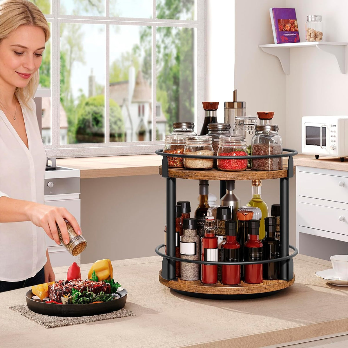 3-Tier Lazy Susan Organizer, Rotating Spice Rack, Spinning Organizer, Industrial Turntable Spice Rack Organizer for Cabinet, Kitchen Countertop, Pantry, Rustic Brown and Black SR23BR