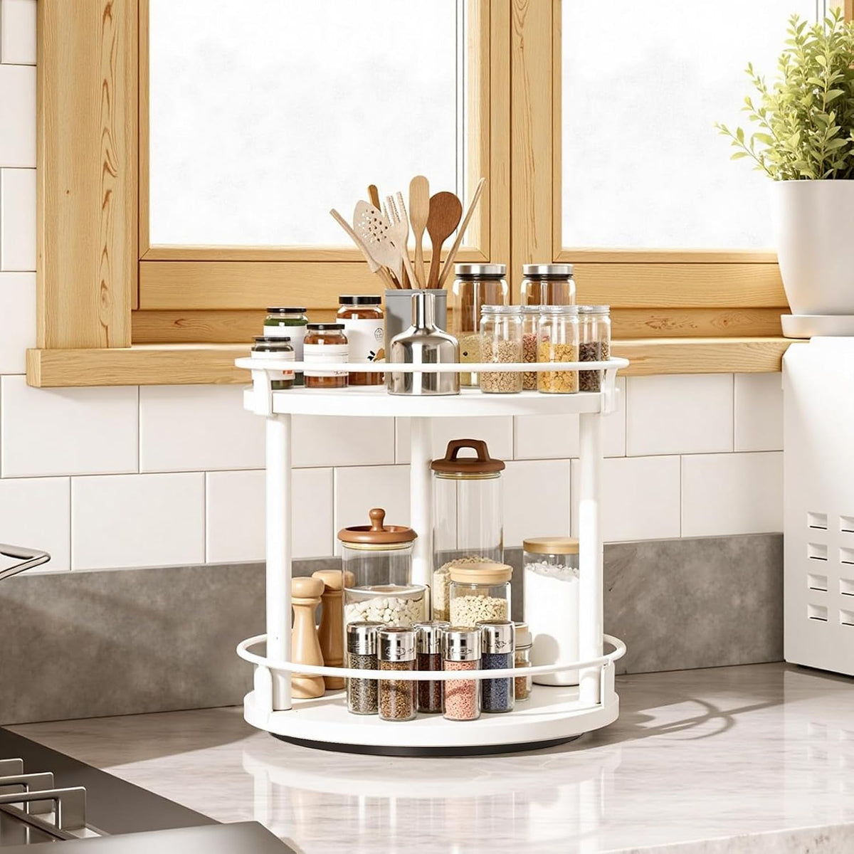 3-Tier Lazy Susan Organizer, Rotating Spice Rack, Spinning Organizer, Industrial Turntable Spice Rack Organizer for Cabinet, Kitchen Countertop, Pantry, Rustic Brown and Black SR23BR