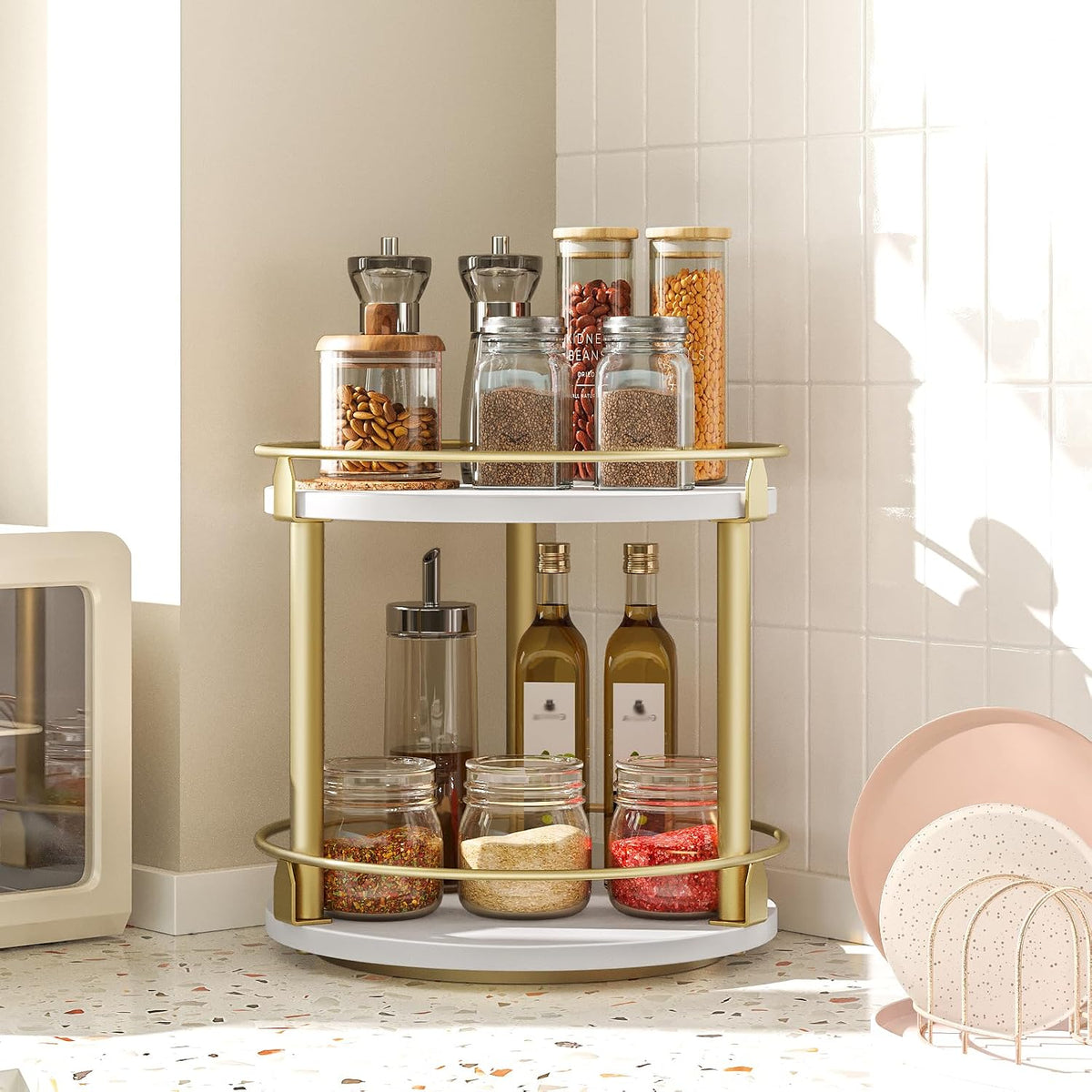 3-Tier Lazy Susan Organizer, Rotating Spice Rack, Spinning Organizer, Industrial Turntable Spice Rack Organizer for Cabinet, Kitchen Countertop, Pantry, Rustic Brown and Black SR23BR