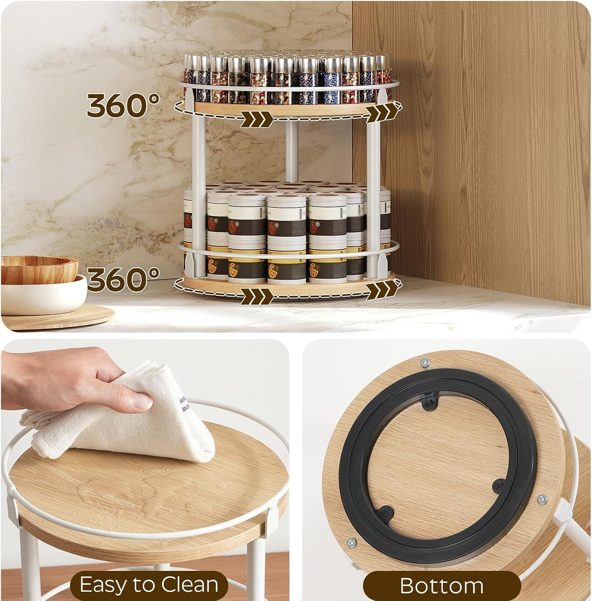 3-Tier Lazy Susan Organizer, Rotating Spice Rack, Spinning Organizer, Industrial Turntable Spice Rack Organizer for Cabinet, Kitchen Countertop, Pantry, Rustic Brown and Black SR23BR