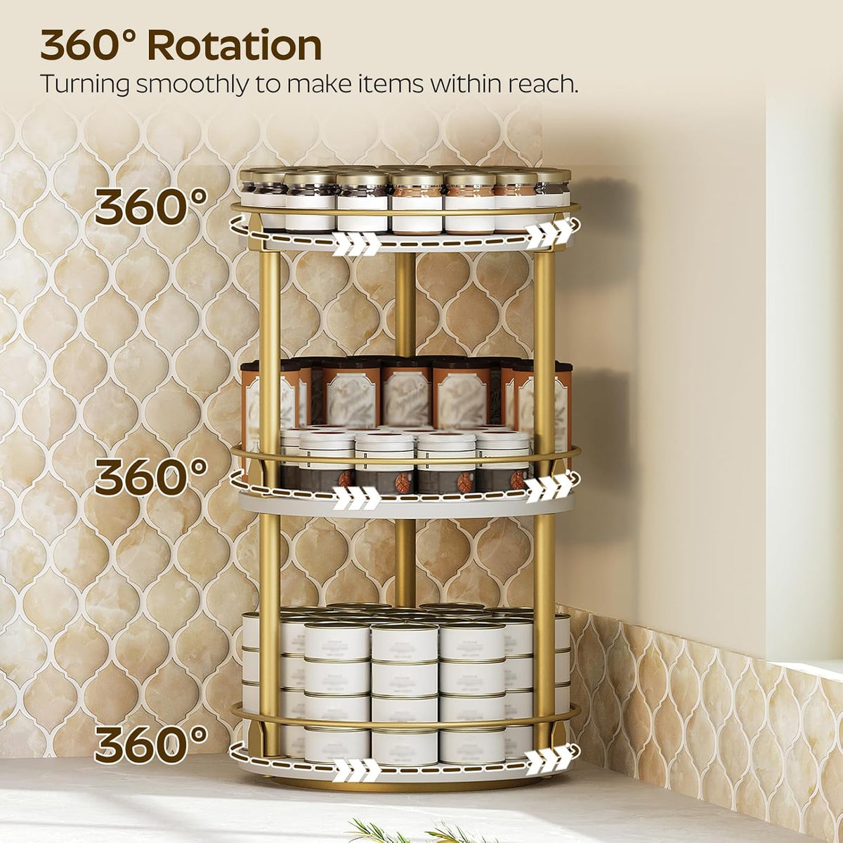 3-Tier Lazy Susan Organizer, Rotating Spice Rack, Spinning Organizer, Industrial Turntable Spice Rack Organizer for Cabinet, Kitchen Countertop, Pantry, Rustic Brown and Black SR23BR