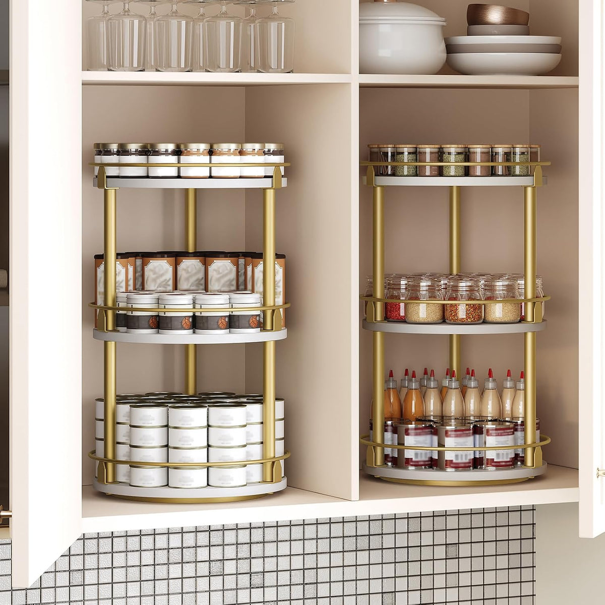 3-Tier Lazy Susan Organizer, Rotating Spice Rack, Spinning Organizer, Industrial Turntable Spice Rack Organizer for Cabinet, Kitchen Countertop, Pantry, Rustic Brown and Black SR23BR