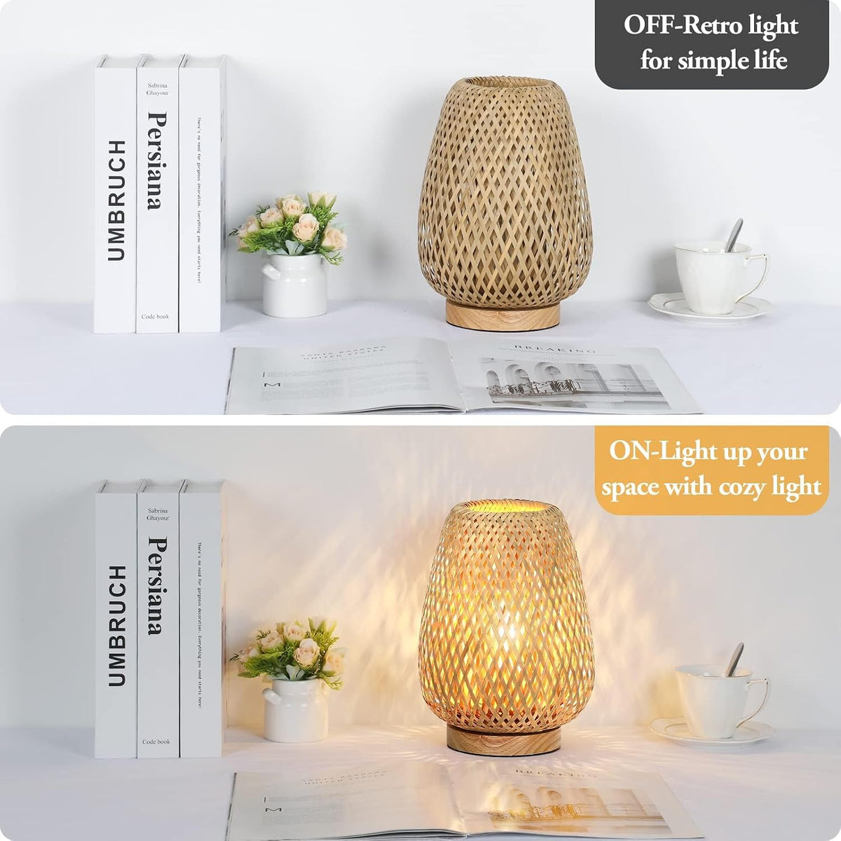 Rattan Table Lamp, Stepless Dimmable Small Beside Lamp, Vintage Wicker Wooden Nightstand Boho Bamboo Woven End Table Lamps for Bedroom Living Room Desk Kids Room, 2700K T45 LED Bulb Included