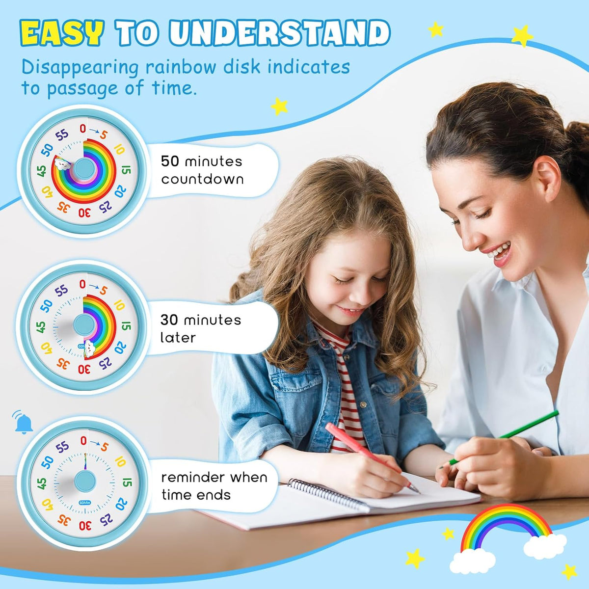 Visual Timer for Kids, 60-Min Silent Sound Rainbow Countdown Timer