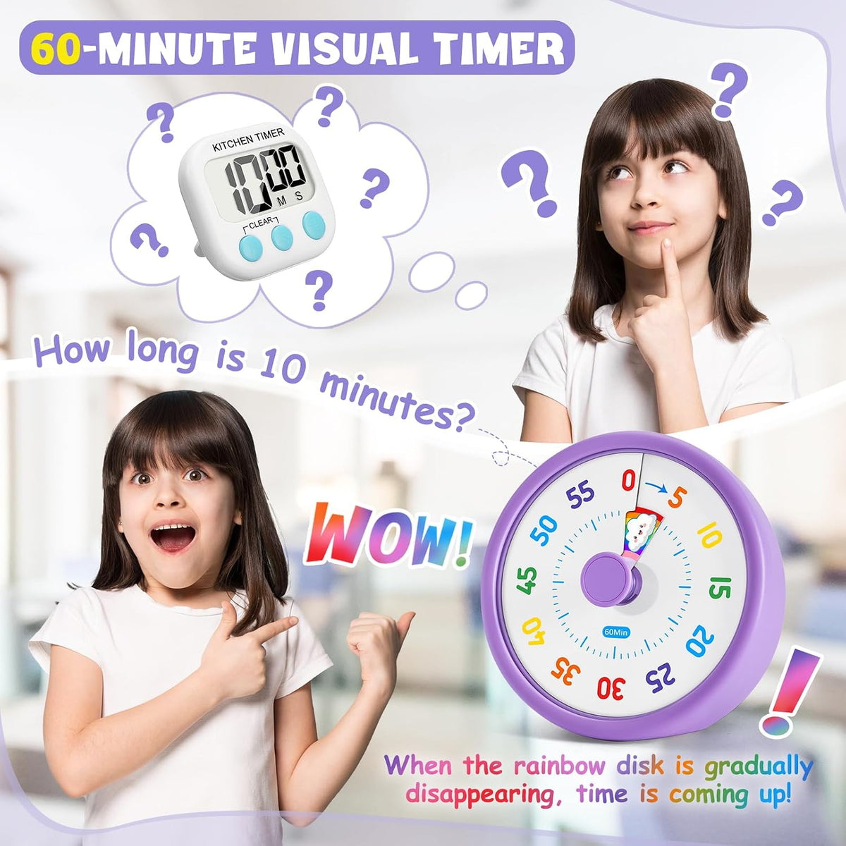 Visual Timer for Kids, 60-Min Silent Sound Rainbow Countdown Timer