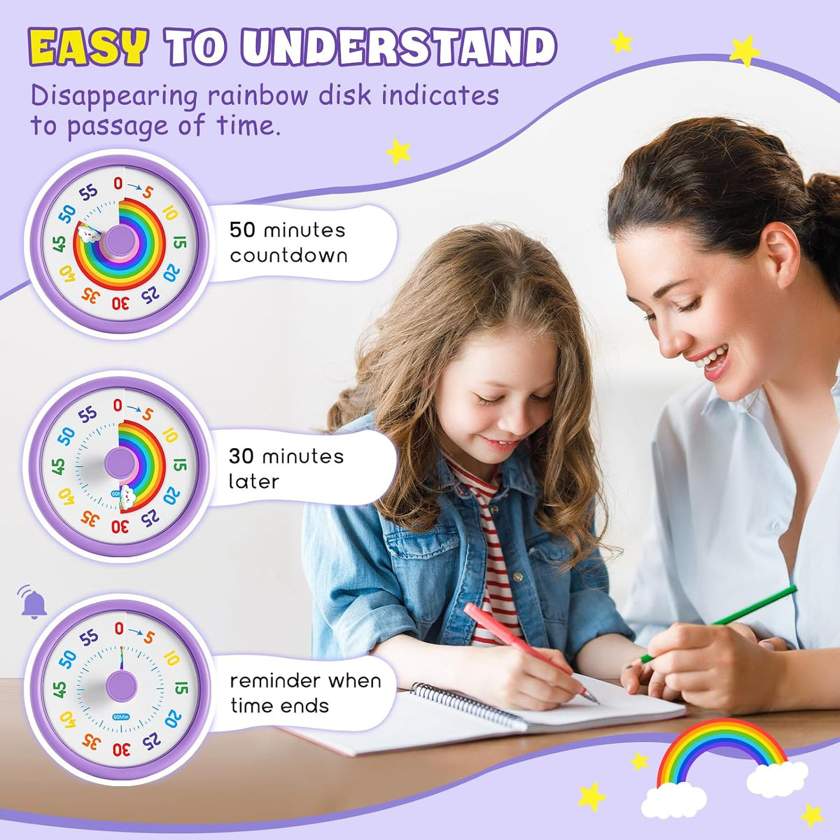Visual Timer for Kids, 60-Min Silent Sound Rainbow Countdown Timer