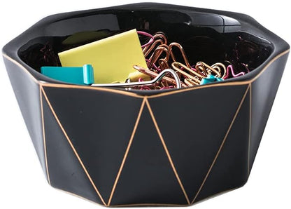 Paper Clip Holder With Gold Line Geometric Ceramic Paper Clip Dispenser for Desk Cute Paper Clip Organizer Office Binder Clip Holder (White)