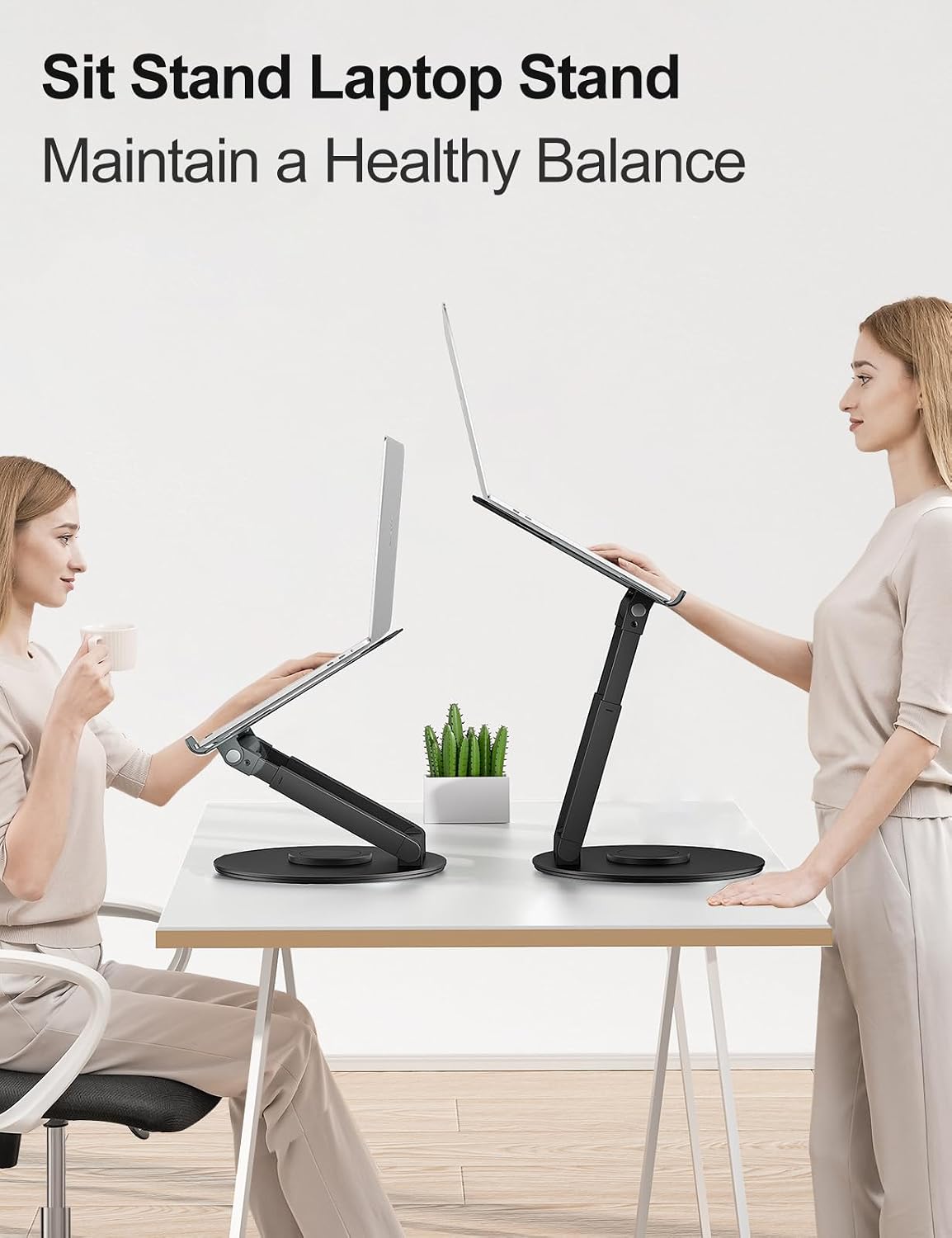 Telescopic Laptop Stand for Desk with 360° Swivel Base, Sit to Stand, Height Adjustable, Portable Riser Holder for Good Posture, Compatible with MacBook Pro, All Laptops 10-17"-Gray