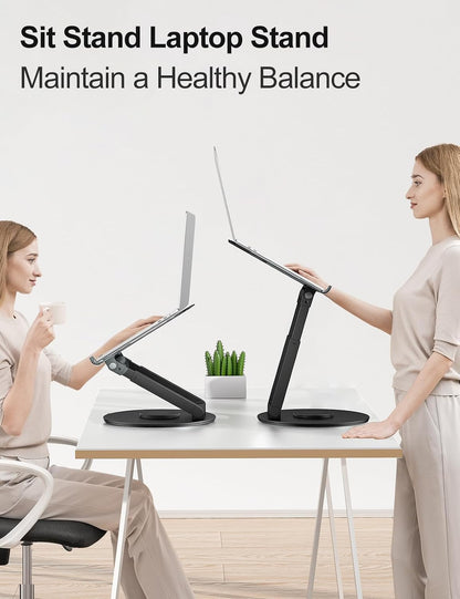 Telescopic Laptop Stand for Desk with 360° Swivel Base, Sit to Stand, Height Adjustable, Portable Riser Holder for Good Posture, Compatible with MacBook Pro, All Laptops 10-17"-Gray