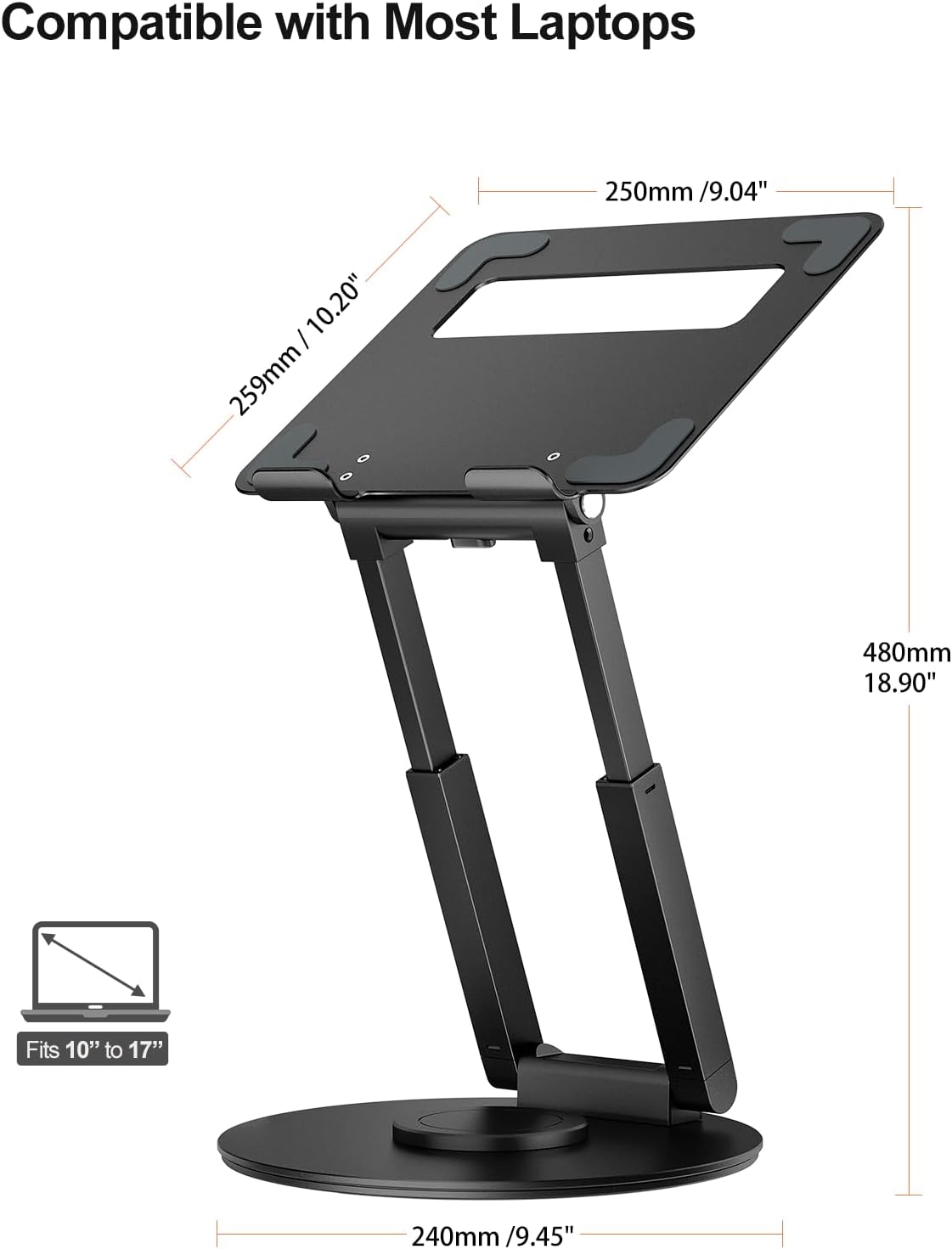 Telescopic Laptop Stand for Desk with 360° Swivel Base, Sit to Stand, Height Adjustable, Portable Riser Holder for Good Posture, Compatible with MacBook Pro, All Laptops 10-17"-Gray