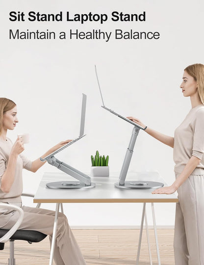 Telescopic Laptop Stand for Desk with 360° Swivel Base, Sit to Stand, Height Adjustable, Portable Riser Holder for Good Posture, Compatible with MacBook Pro, All Laptops 10-17"-Gray