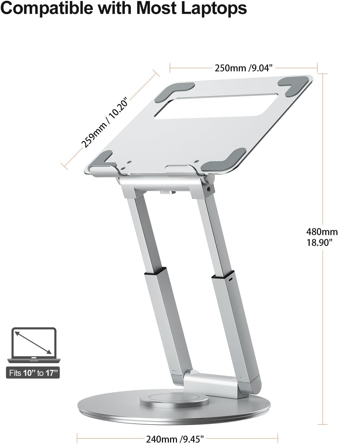 Telescopic Laptop Stand for Desk with 360° Swivel Base, Sit to Stand, Height Adjustable, Portable Riser Holder for Good Posture, Compatible with MacBook Pro, All Laptops 10-17"-Gray