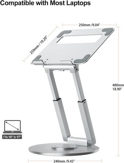 Telescopic Laptop Stand for Desk with 360° Swivel Base, Sit to Stand, Height Adjustable, Portable Riser Holder for Good Posture, Compatible with MacBook Pro, All Laptops 10-17"-Gray