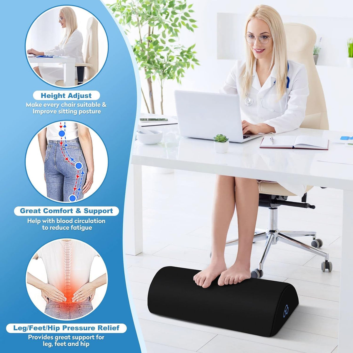 Foot Rest Ergonomic Pillow for Under Desk at Work, Anti-Fatigue,Black/Large