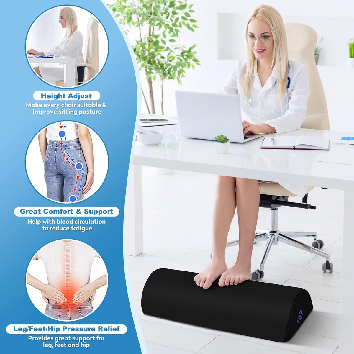 Foot Rest Ergonomic Pillow for Under Desk at Work, Anti-Fatigue,Black/Large