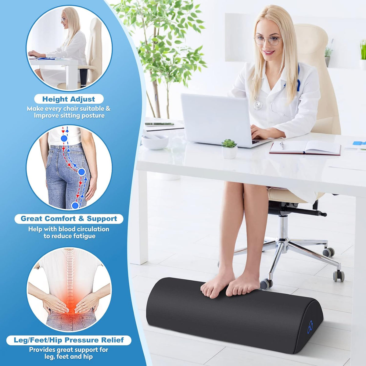 Foot Rest Ergonomic Pillow for Under Desk at Work, Anti-Fatigue,Black/Large