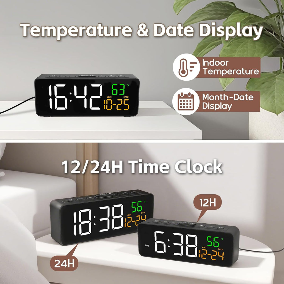 3-in-1 Digital Clocks for Living Room, Small & Compact Alarm Clock