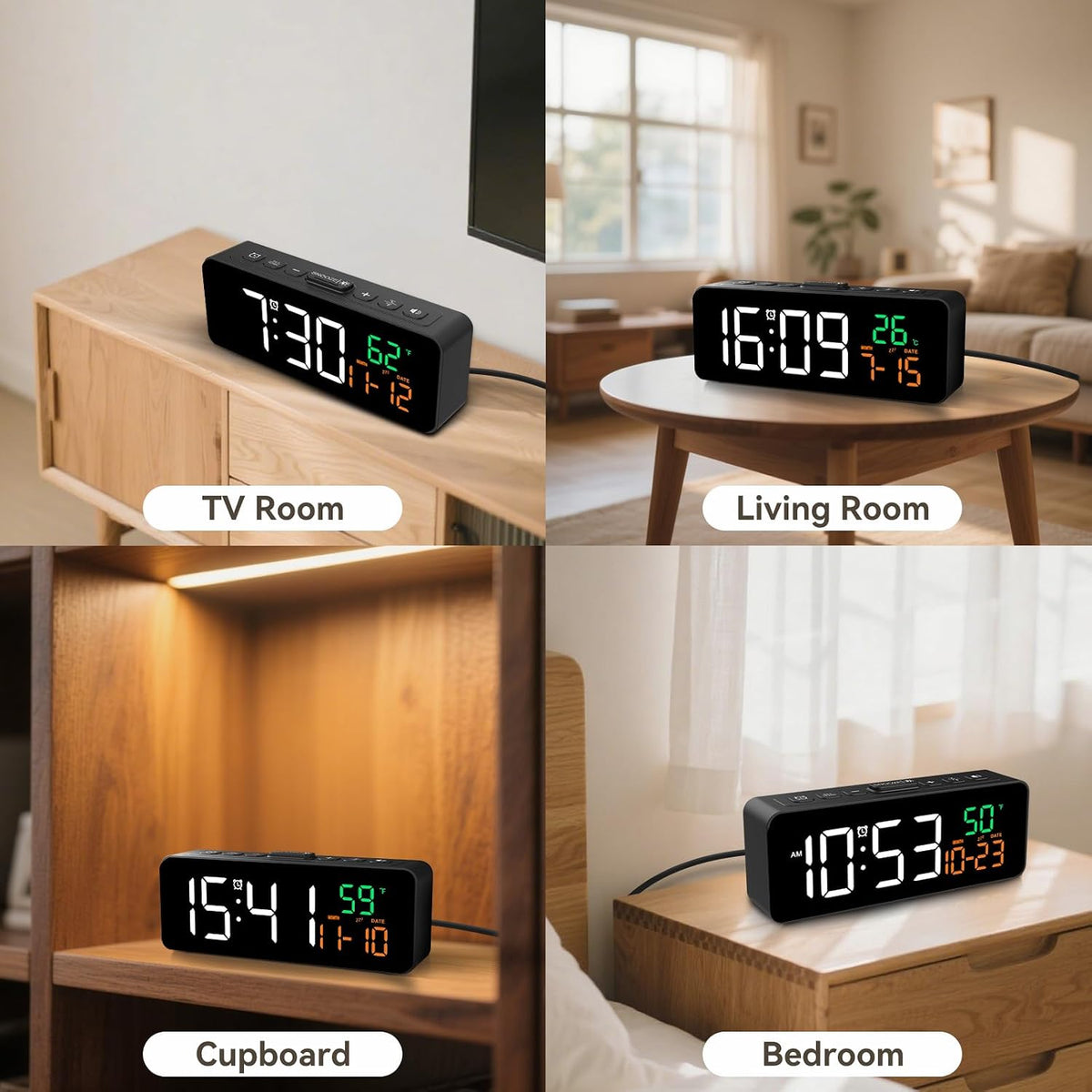 3-in-1 Digital Clocks for Living Room, Small & Compact Alarm Clock