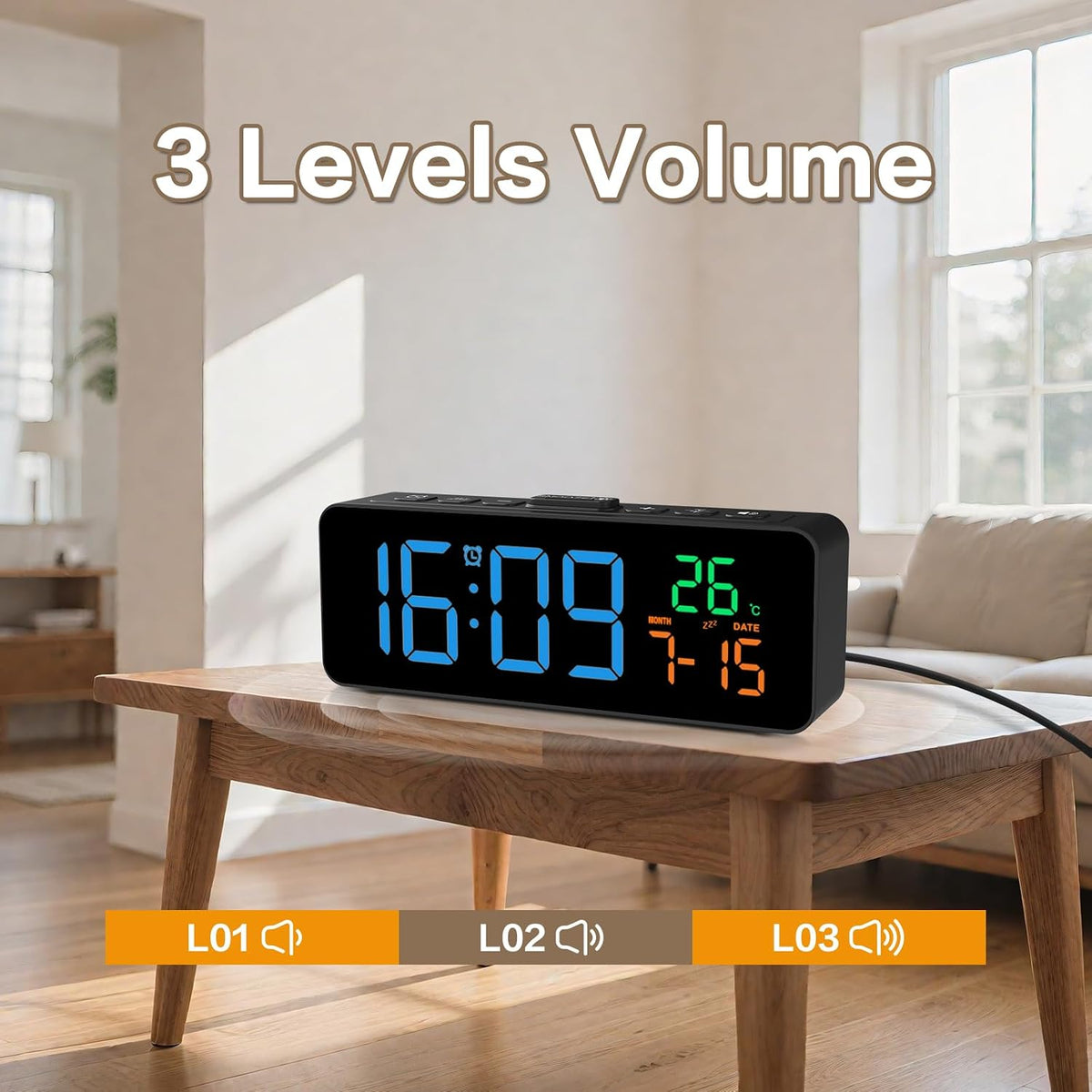 3-in-1 Digital Clocks for Living Room, Small & Compact Alarm Clock