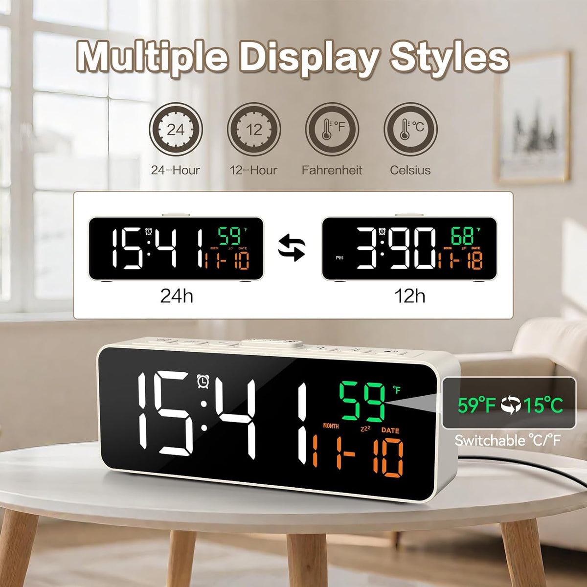 3-in-1 Digital Clocks for Living Room, Small & Compact Alarm Clock