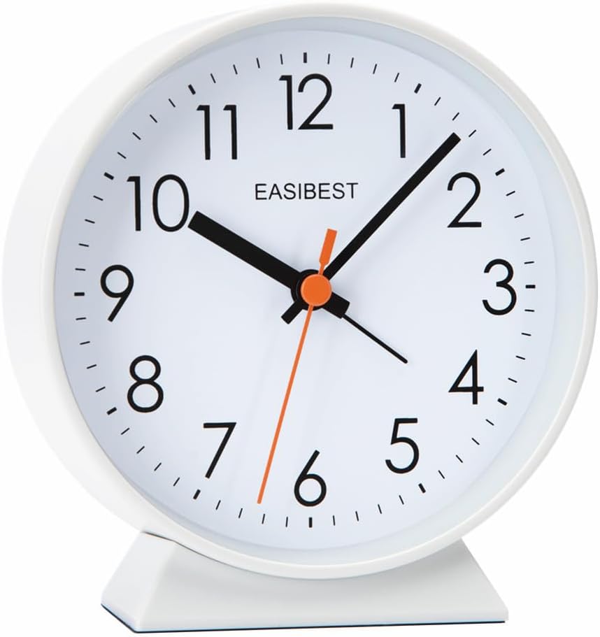 No Ticking Silent Alarm Clock,Easy to Read and Use,Ascending Sound,1 AA Battery Operated,Snooze Light,Bedside Desk Clock,White