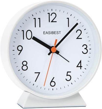 No Ticking Silent Alarm Clock,Easy to Read and Use,Ascending Sound,1 AA Battery Operated,Snooze Light,Bedside Desk Clock,White