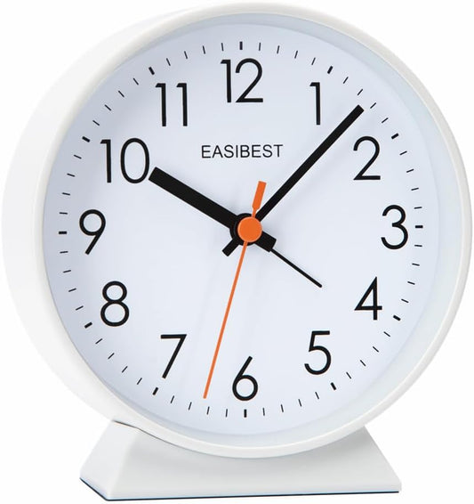 No Ticking Silent Alarm Clock,Easy to Read and Use,Ascending Sound,1 AA Battery Operated,Snooze Light,Bedside Desk Clock,White