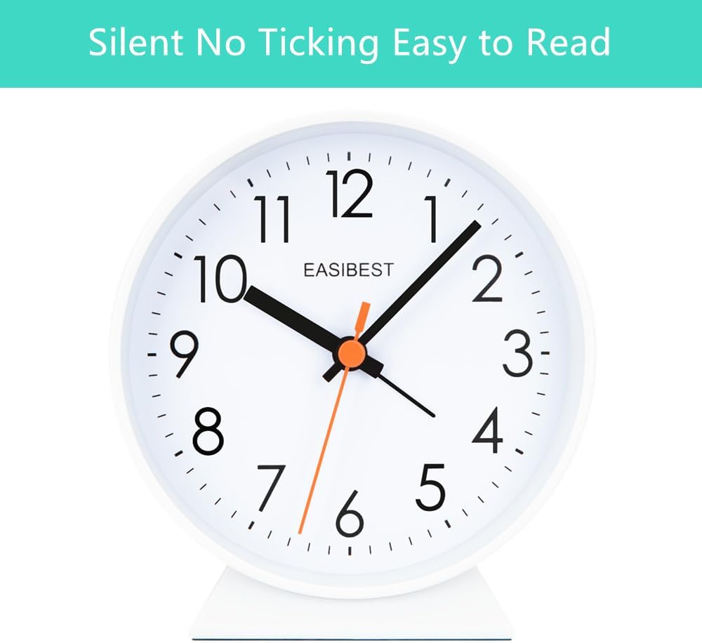No Ticking Silent Alarm Clock,Easy to Read and Use,Ascending Sound,1 AA Battery Operated,Snooze Light,Bedside Desk Clock,White
