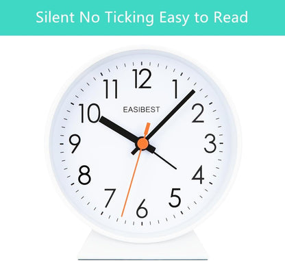 No Ticking Silent Alarm Clock,Easy to Read and Use,Ascending Sound,1 AA Battery Operated,Snooze Light,Bedside Desk Clock,White