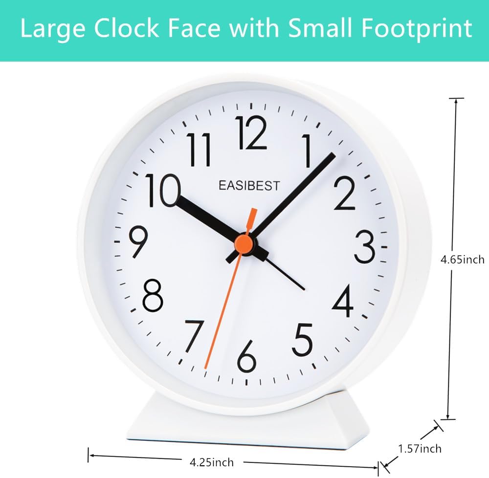 No Ticking Silent Alarm Clock,Easy to Read and Use,Ascending Sound,1 AA Battery Operated,Snooze Light,Bedside Desk Clock,White