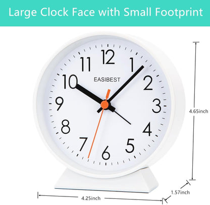 No Ticking Silent Alarm Clock,Easy to Read and Use,Ascending Sound,1 AA Battery Operated,Snooze Light,Bedside Desk Clock,White