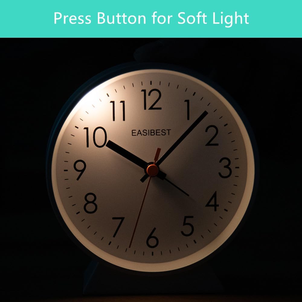 No Ticking Silent Alarm Clock,Easy to Read and Use,Ascending Sound,1 AA Battery Operated,Snooze Light,Bedside Desk Clock,White
